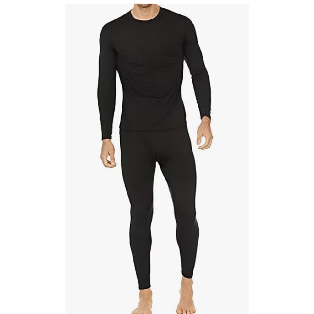 Thermajohn Men's Medium Black Crew Thermal Set Ultrasoft Fleece Top Pants Base